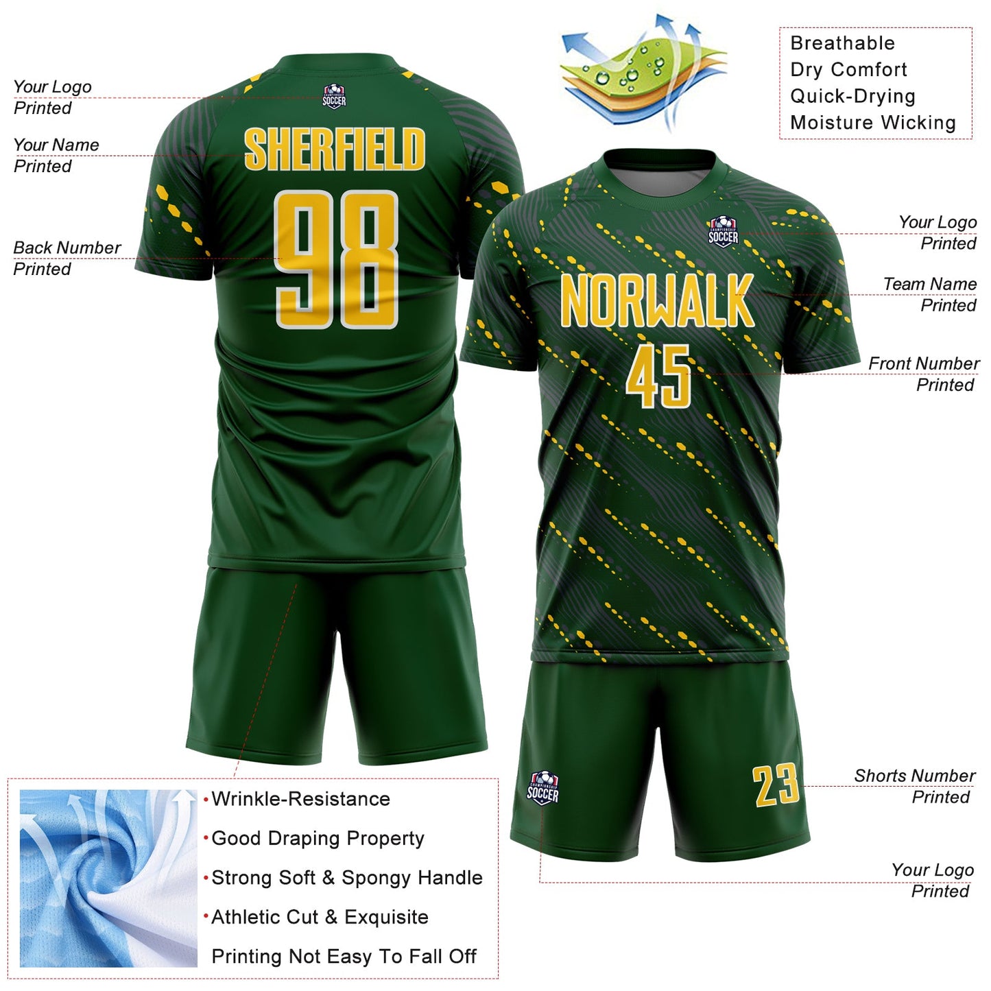 Custom Green Yellow-White Slant Lines Sports Sublimation Soccer Uniform Jersey view 4