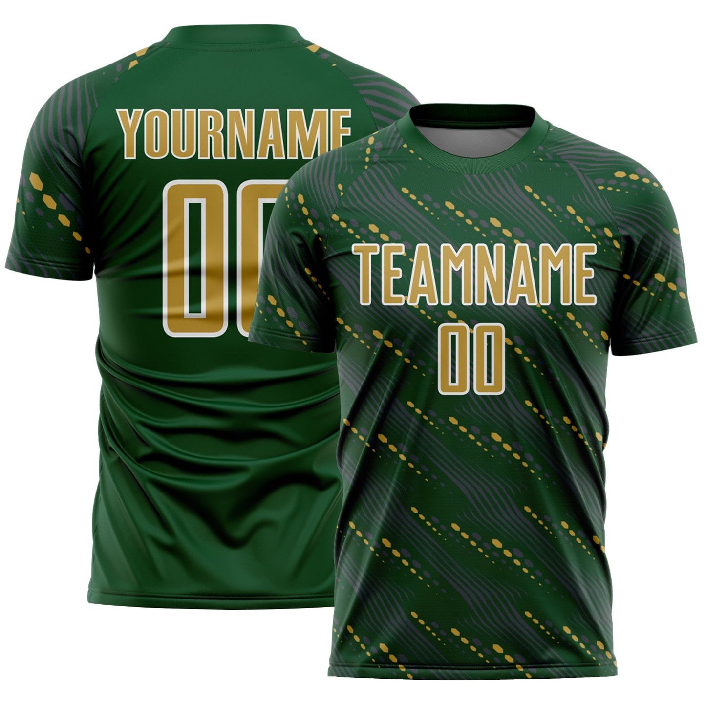 Custom Green Old Gold-White Slant Lines Sports Sublimation Soccer Uniform Jersey - Main View