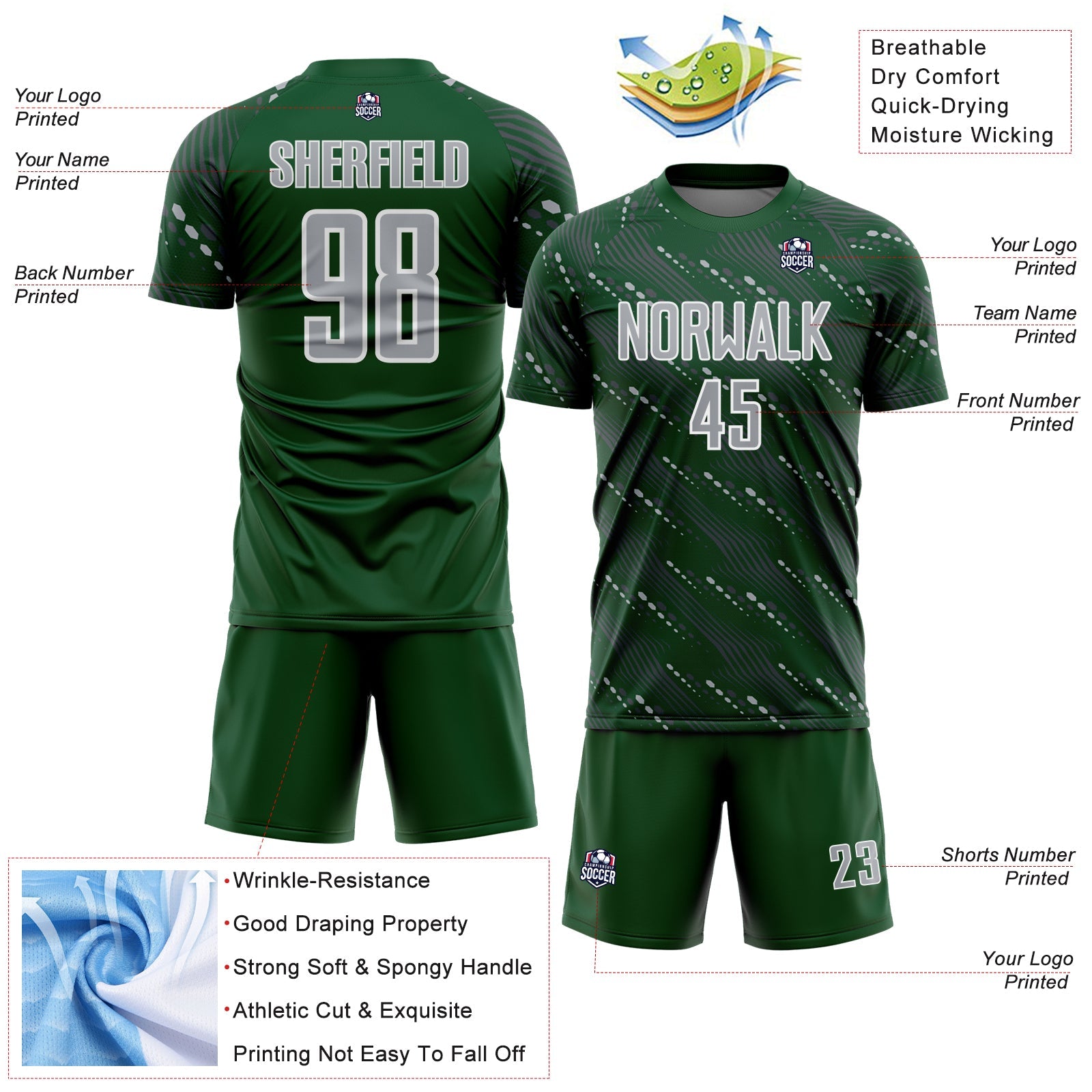 Custom Green Gray-White Slant Lines Sports Sublimation Soccer Uniform Jersey view 4