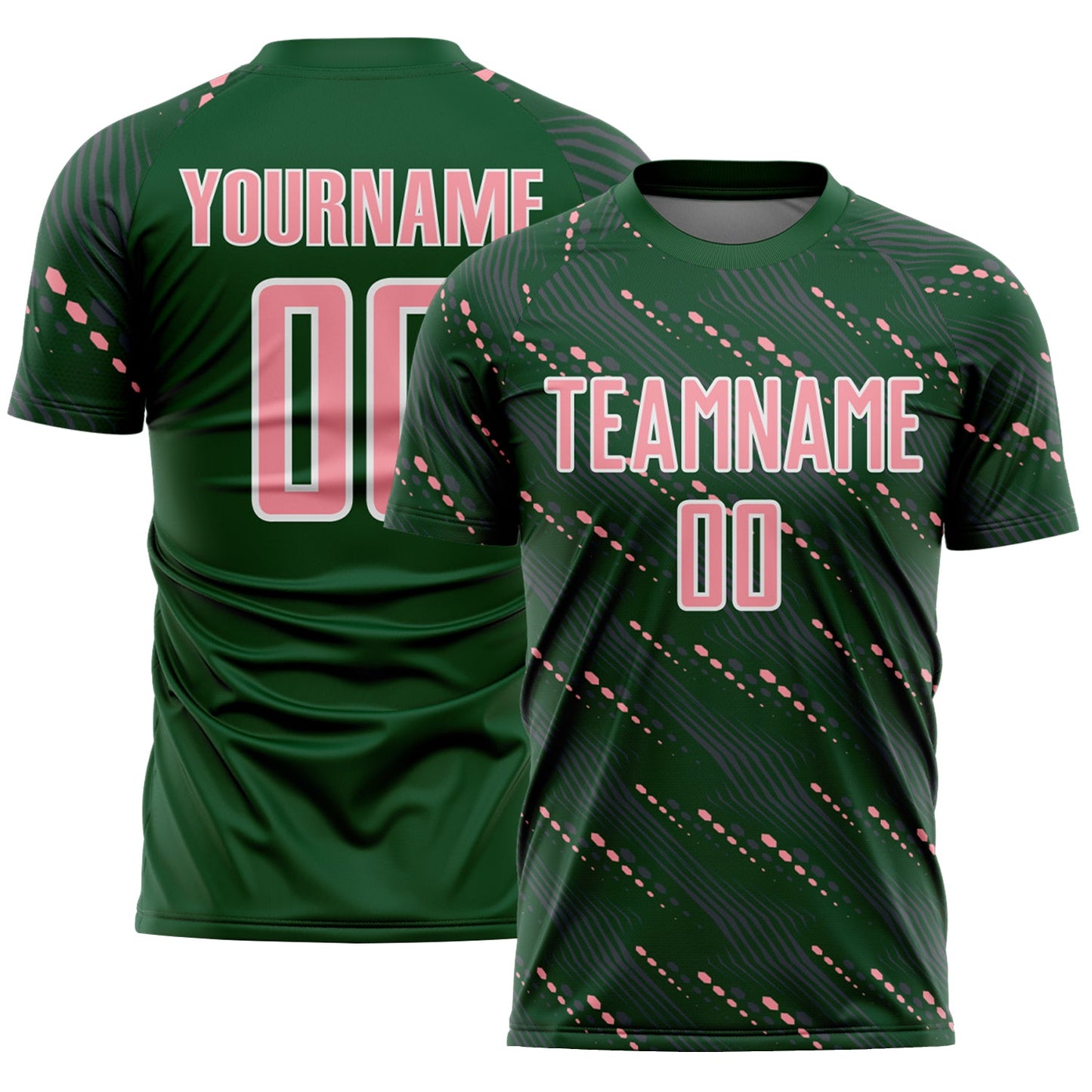 Custom Green Medium Pink-White Slant Lines Sports Sublimation Soccer Uniform Jersey - Main View