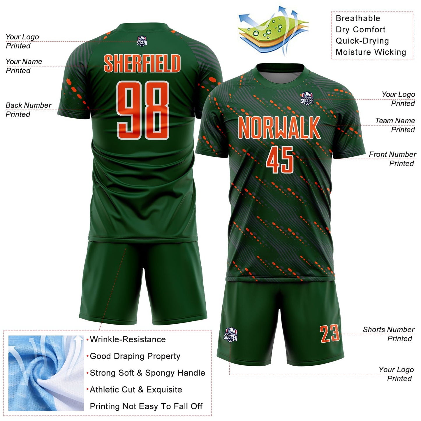 Custom Green Orange-White Slant Lines Sports Sublimation Soccer Uniform Jersey view 4