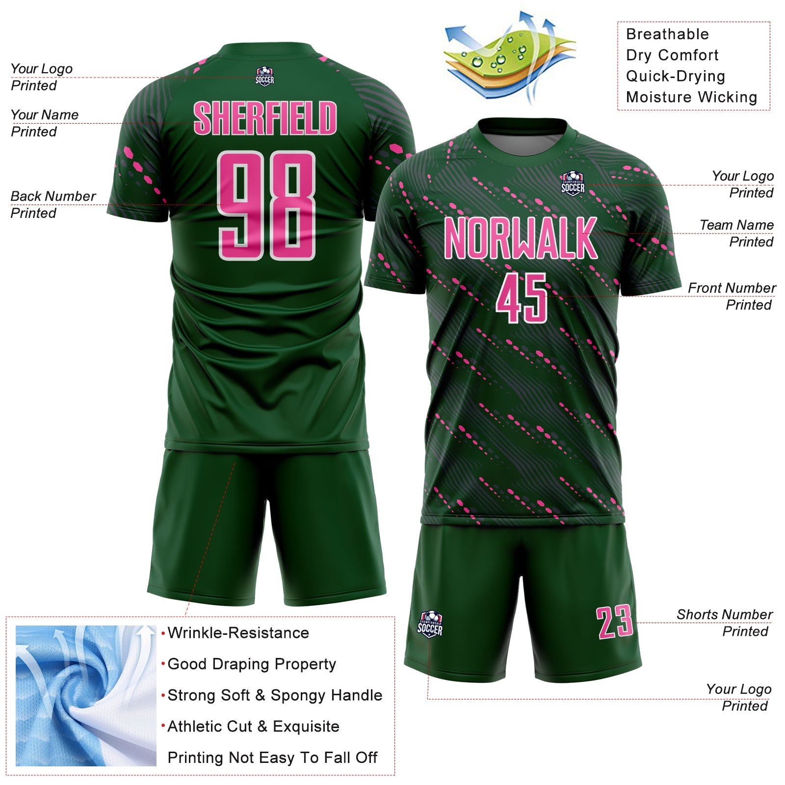 Custom Green Pink-White Slant Lines Sports Sublimation Soccer Uniform Jersey view 4