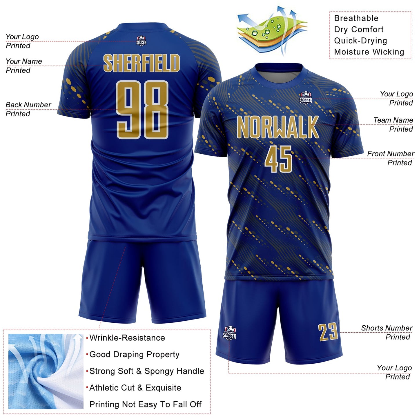 Custom Royal Old Gold-White Slant Lines Sports Sublimation Soccer Uniform Jersey view 4