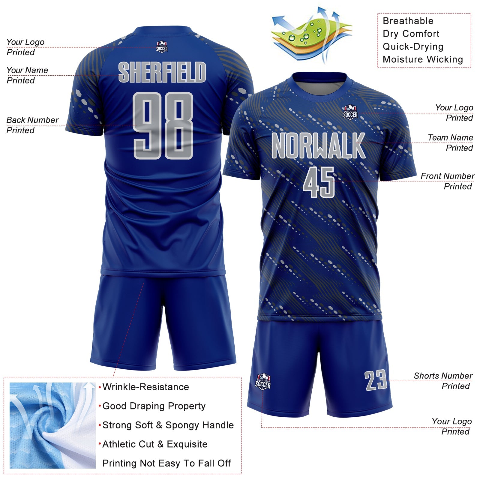 Custom Royal Gray-White Slant Lines Sports Sublimation Soccer Uniform Jersey view 4