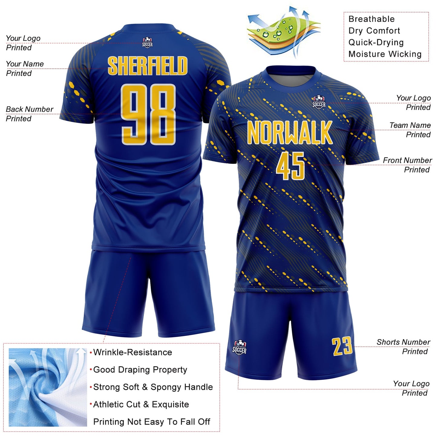 Custom Royal Yellow-White Slant Lines Sports Sublimation Soccer Uniform Jersey view 4