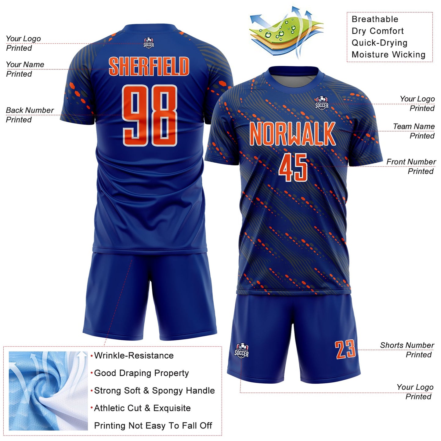 Custom Royal Orange-White Slant Lines Sports Sublimation Soccer Uniform Jersey view 4