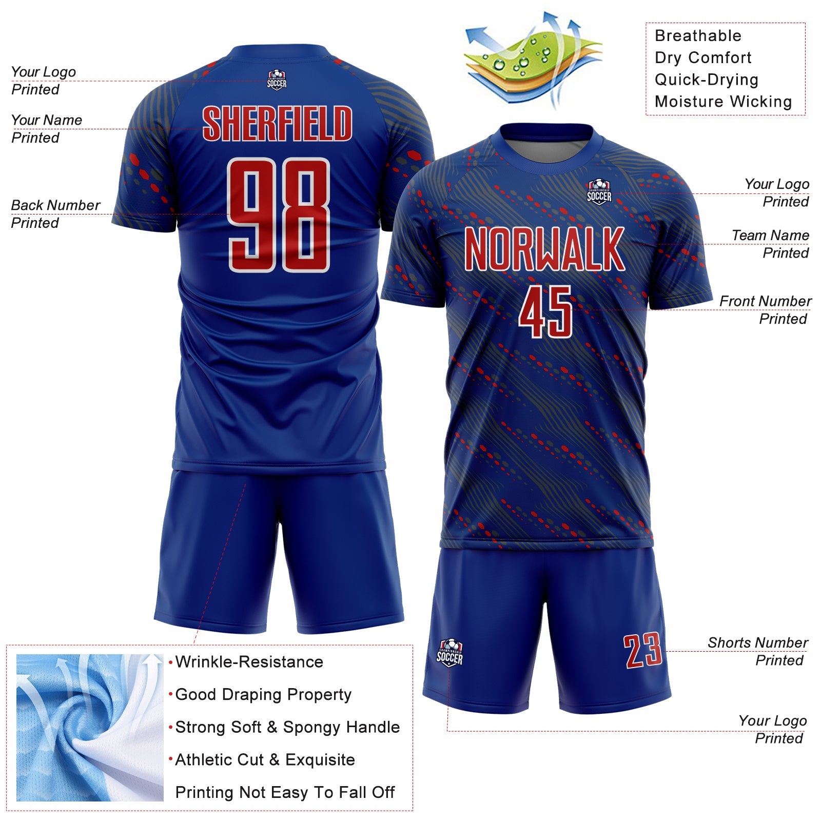 Custom Royal Red-White Slant Lines Sports Sublimation Soccer Uniform Jersey view 4