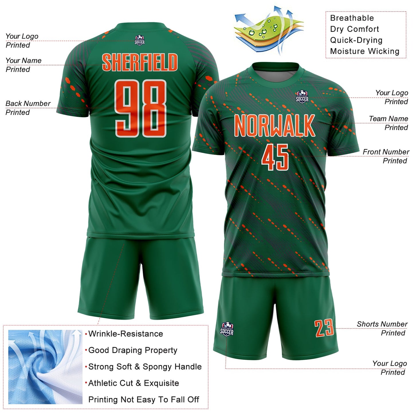 Custom Kelly Green Orange-White Slant Lines Sports Sublimation Soccer Uniform Jersey view 4