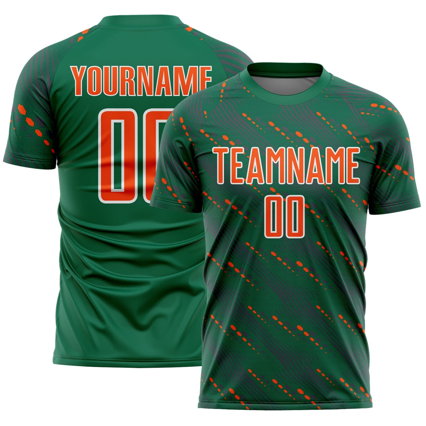 Custom Kelly Green Orange-White Slant Lines Sports Sublimation Soccer Uniform Jersey - Main View