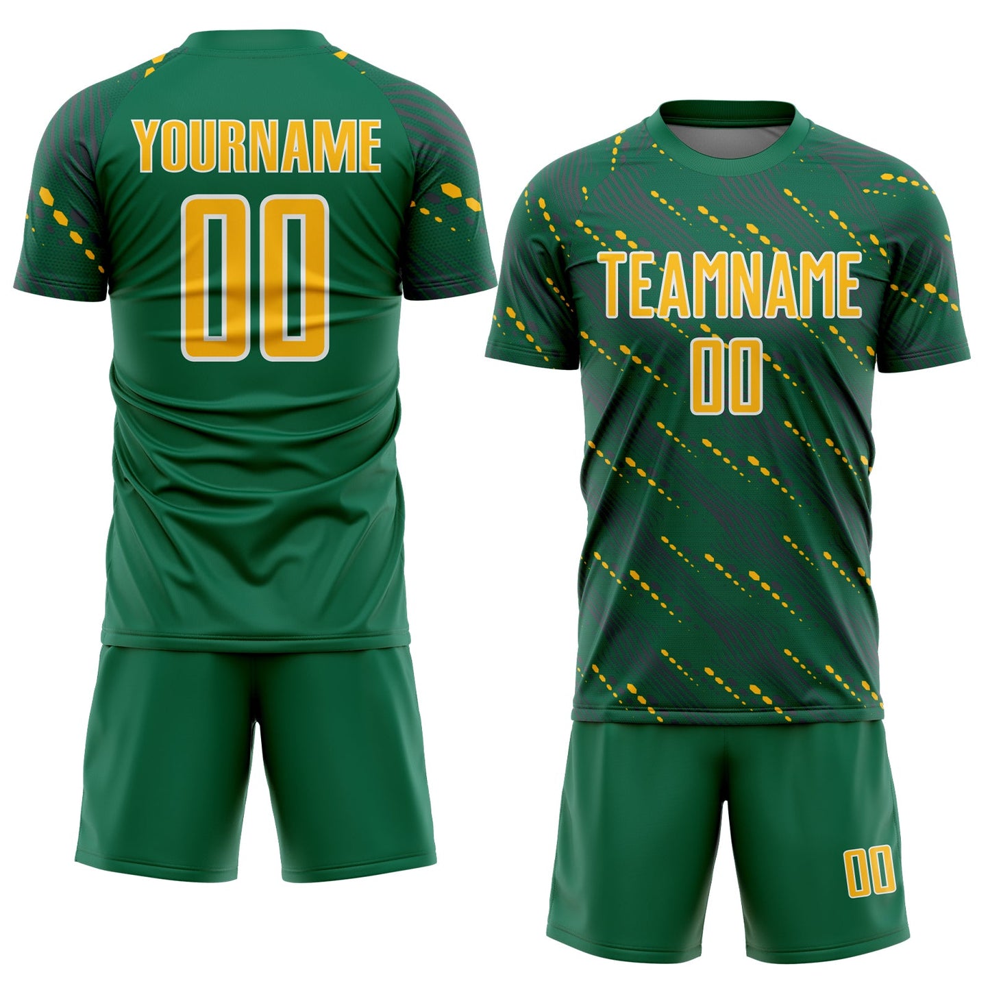Custom Kelly Green Gold-White Slant Lines Sports Sublimation Soccer Uniform Jersey view 2