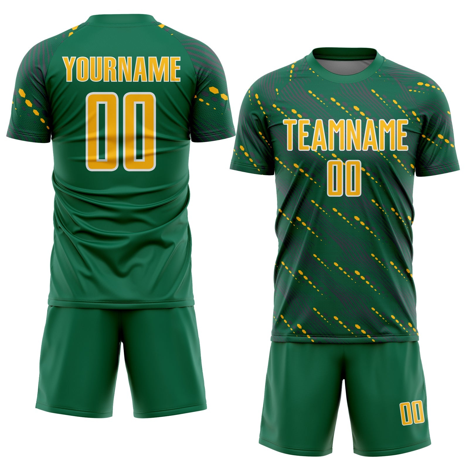 Custom Kelly Green Gold-White Slant Lines Sports Sublimation Soccer Uniform Jersey view 2