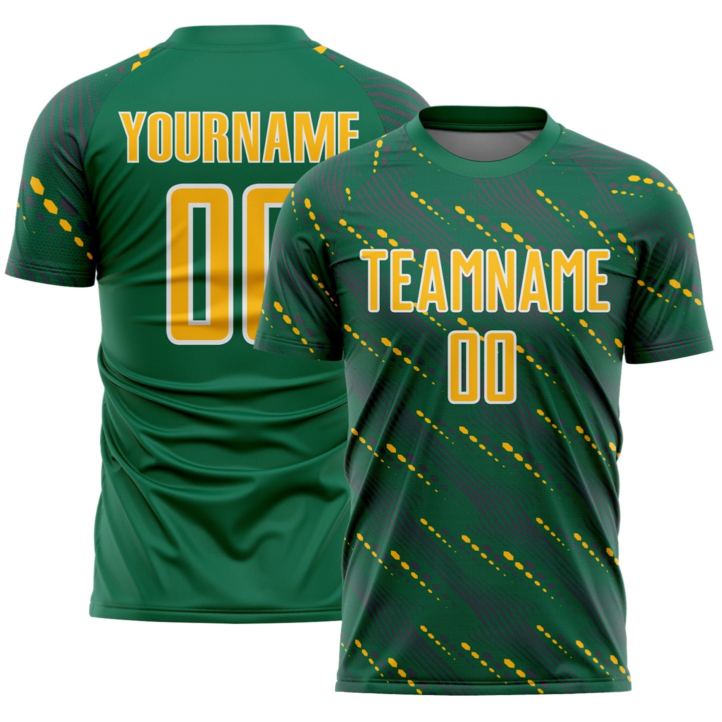Custom Kelly Green Gold-White Slant Lines Sports Sublimation Soccer Uniform Jersey - Main View