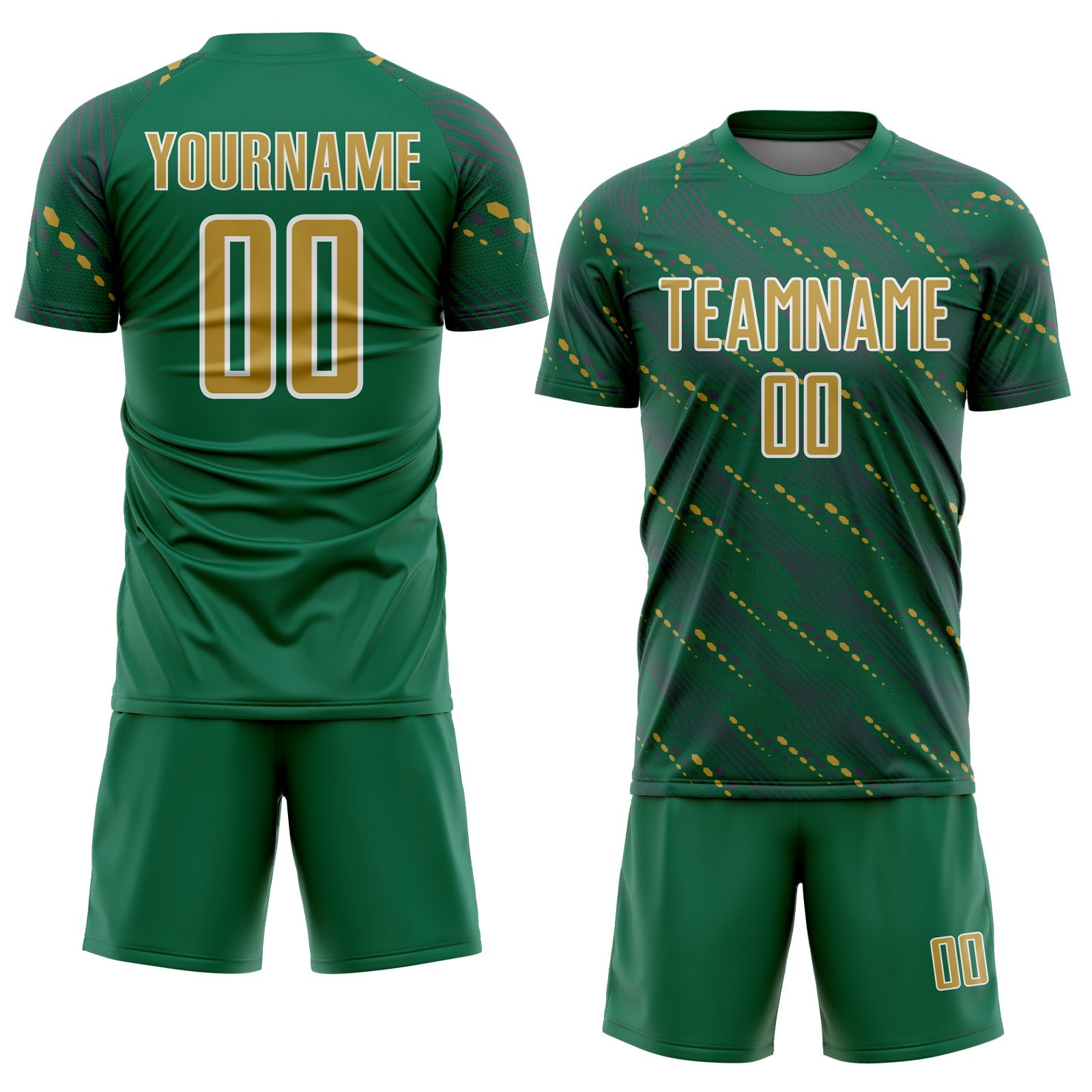 Custom Kelly Green Old Gold-White Slant Lines Sports Sublimation Soccer Uniform Jersey view 2