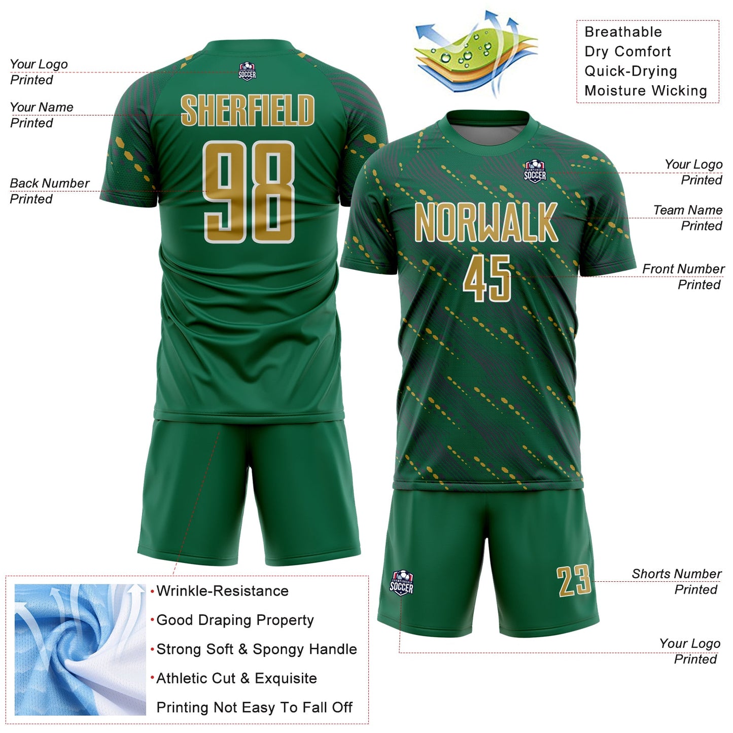 Custom Kelly Green Old Gold-White Slant Lines Sports Sublimation Soccer Uniform Jersey view 4