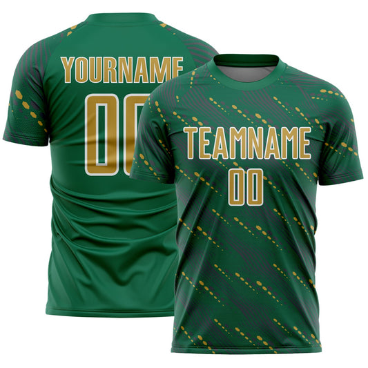Custom Kelly Green Old Gold-White Slant Lines Sports Sublimation Soccer Uniform Jersey - Main View
