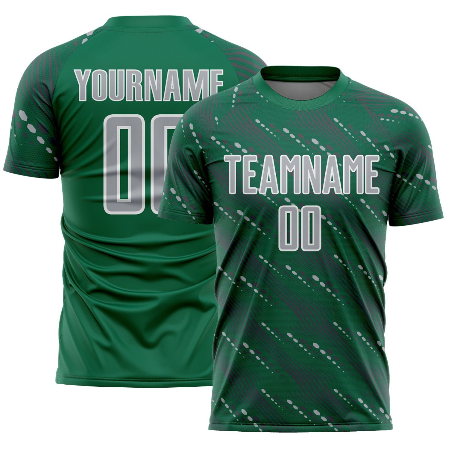 Custom Kelly Green Gray-White Slant Lines Sports Sublimation Soccer Uniform Jersey - Main View
