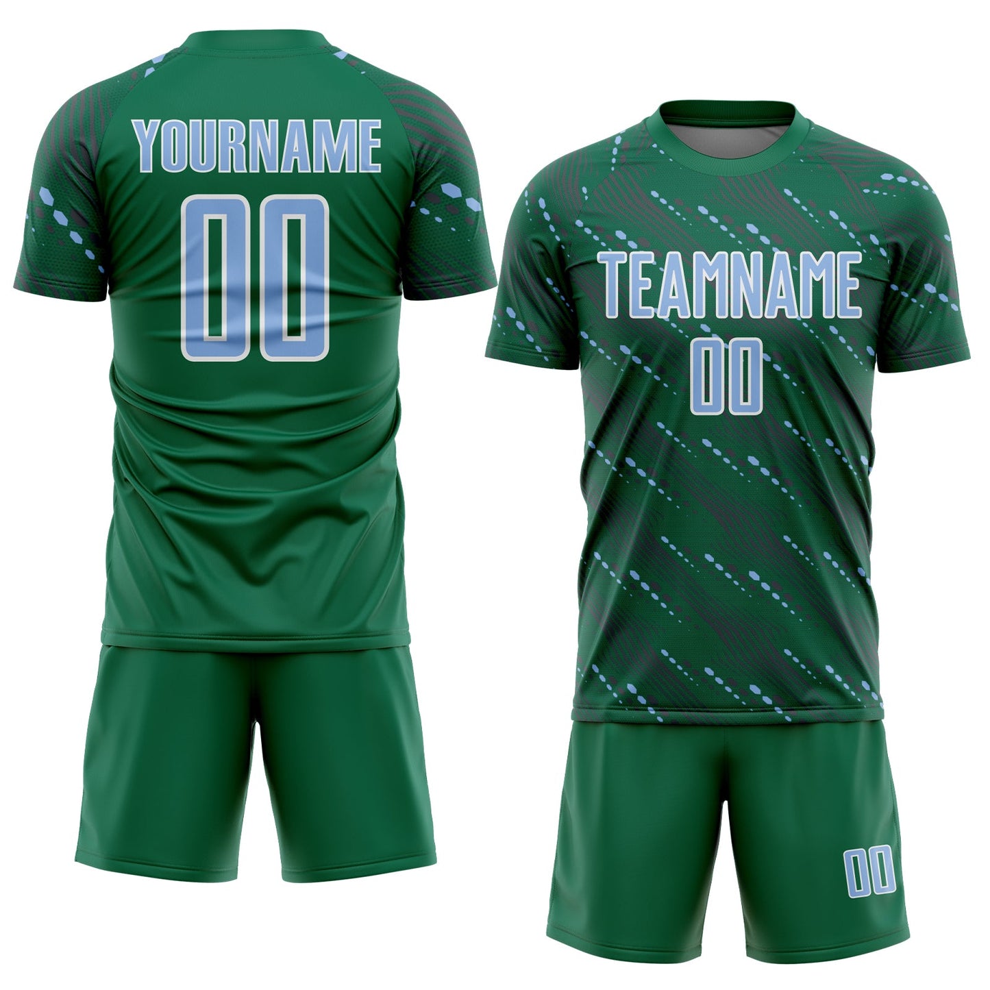Custom Kelly Green Light Blue-White Slant Lines Sports Sublimation Soccer Uniform Jersey view 2