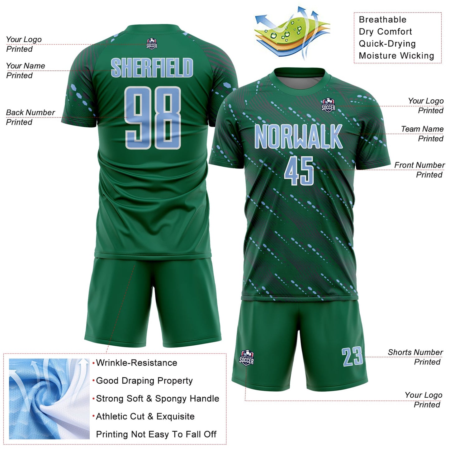 Custom Kelly Green Light Blue-White Slant Lines Sports Sublimation Soccer Uniform Jersey view 4