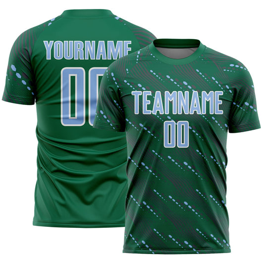 Custom Kelly Green Light Blue-White Slant Lines Sports Sublimation Soccer Uniform Jersey - Main View