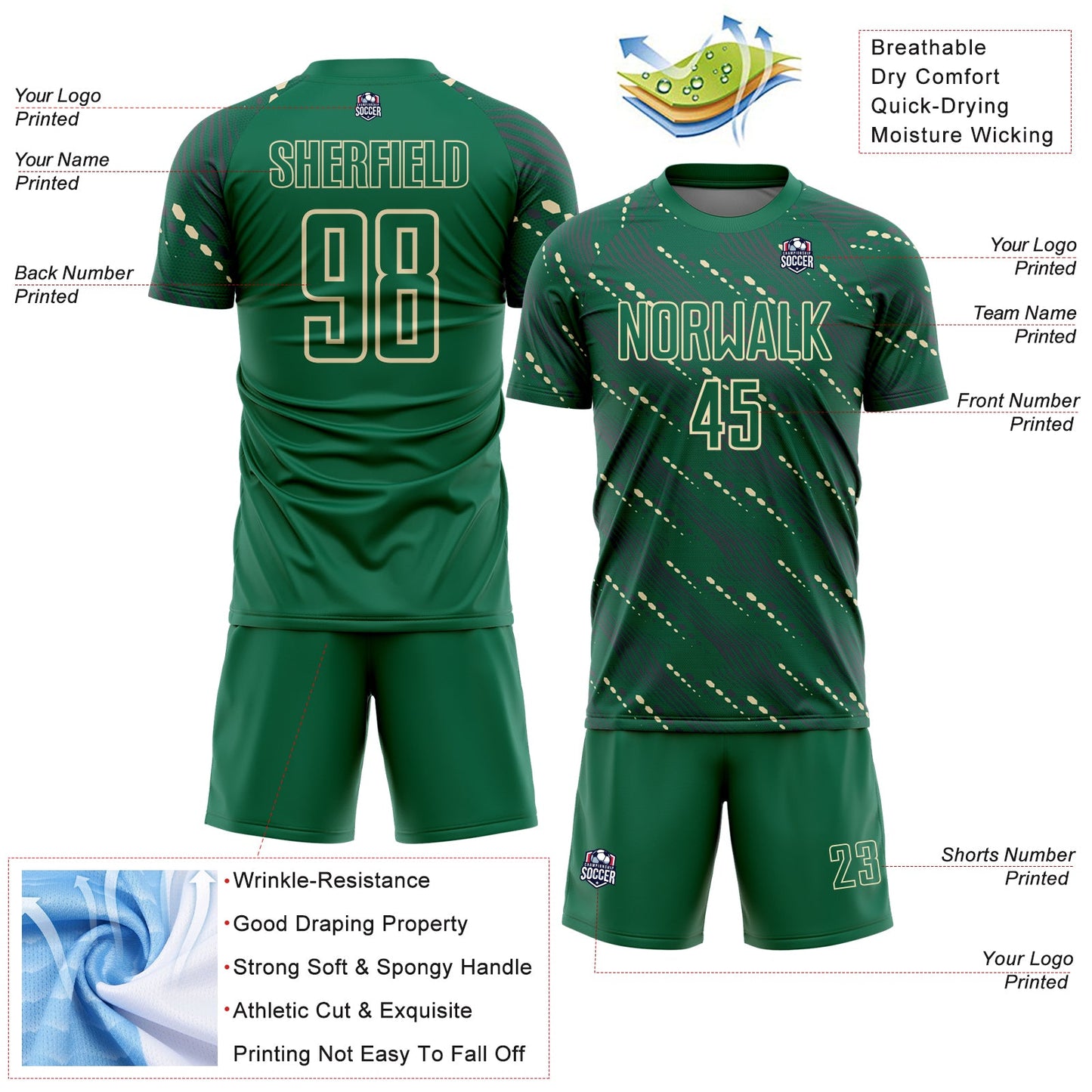 Custom Kelly Green Cream Slant Lines Sports Sublimation Soccer Uniform Jersey view 4