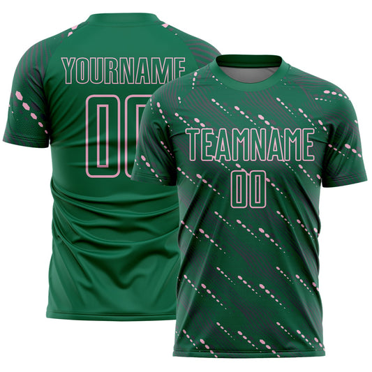 Custom Kelly Green Light Pink Slant Lines Sports Sublimation Soccer Uniform Jersey - Main View