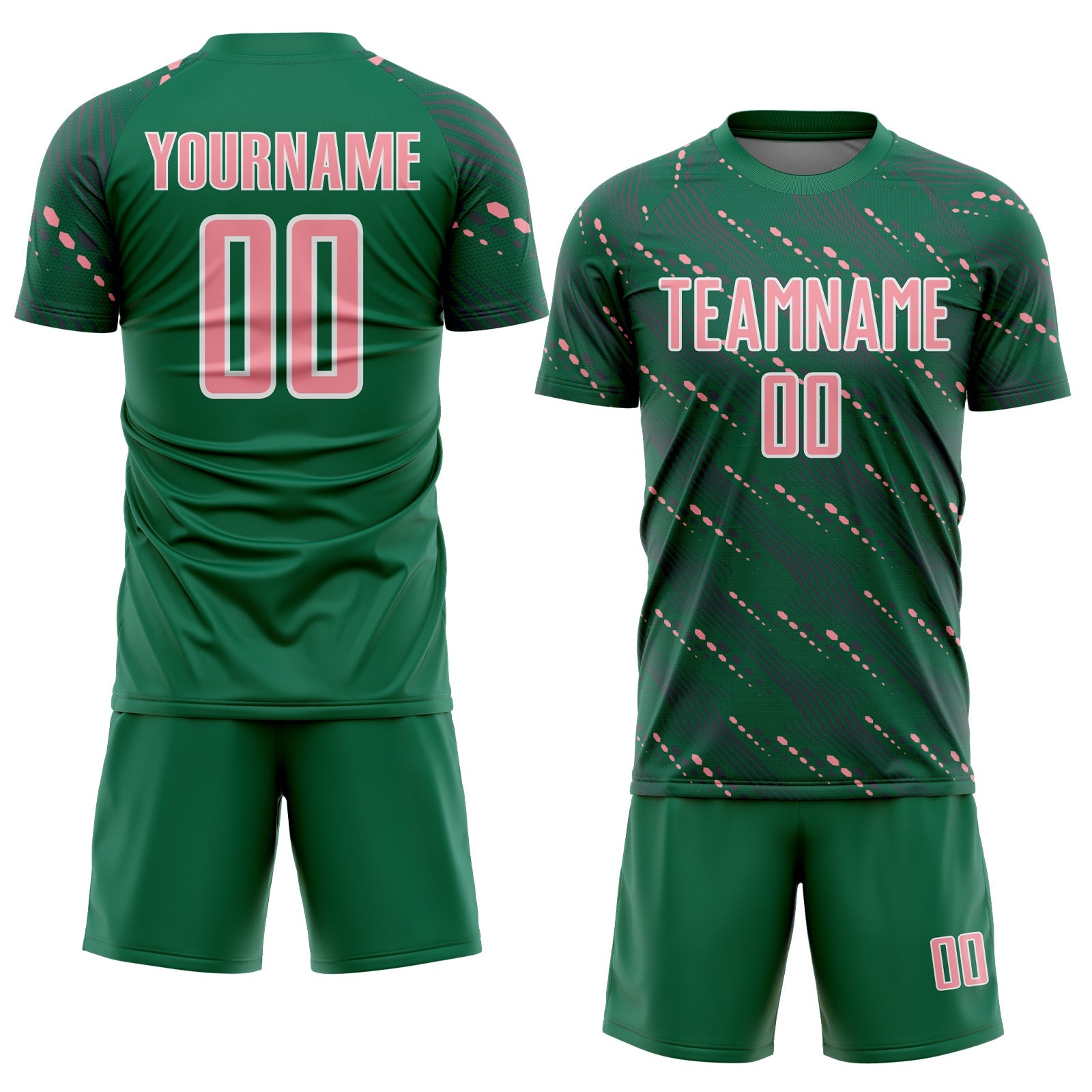 Custom Kelly Green Medium Pink-White Slant Lines Sports Sublimation Soccer Uniform Jersey view 2