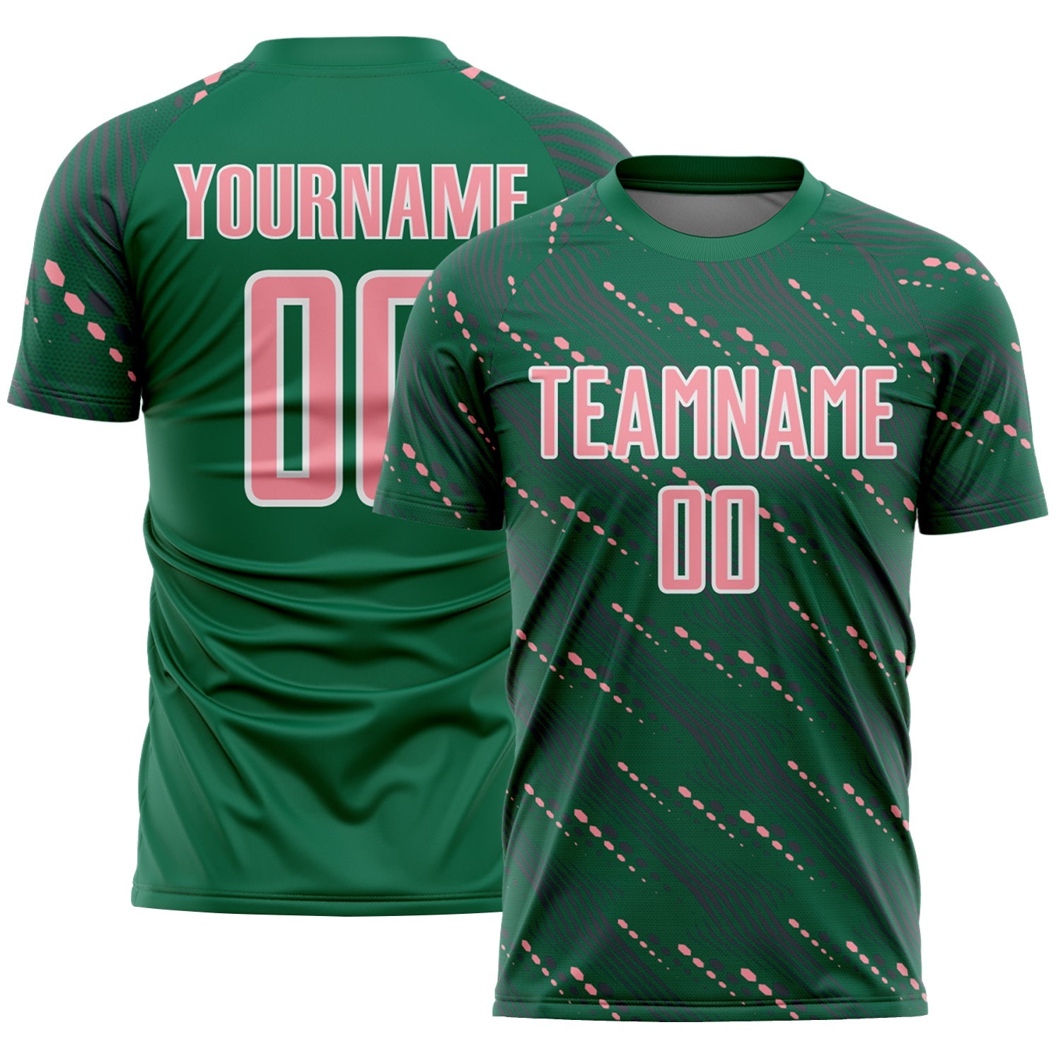 Custom Kelly Green Medium Pink-White Slant Lines Sports Sublimation Soccer Uniform Jersey - Main View