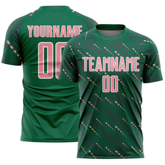 Custom Kelly Green Medium Pink-White Slant Lines Sports Sublimation Soccer Uniform Jersey - Main View