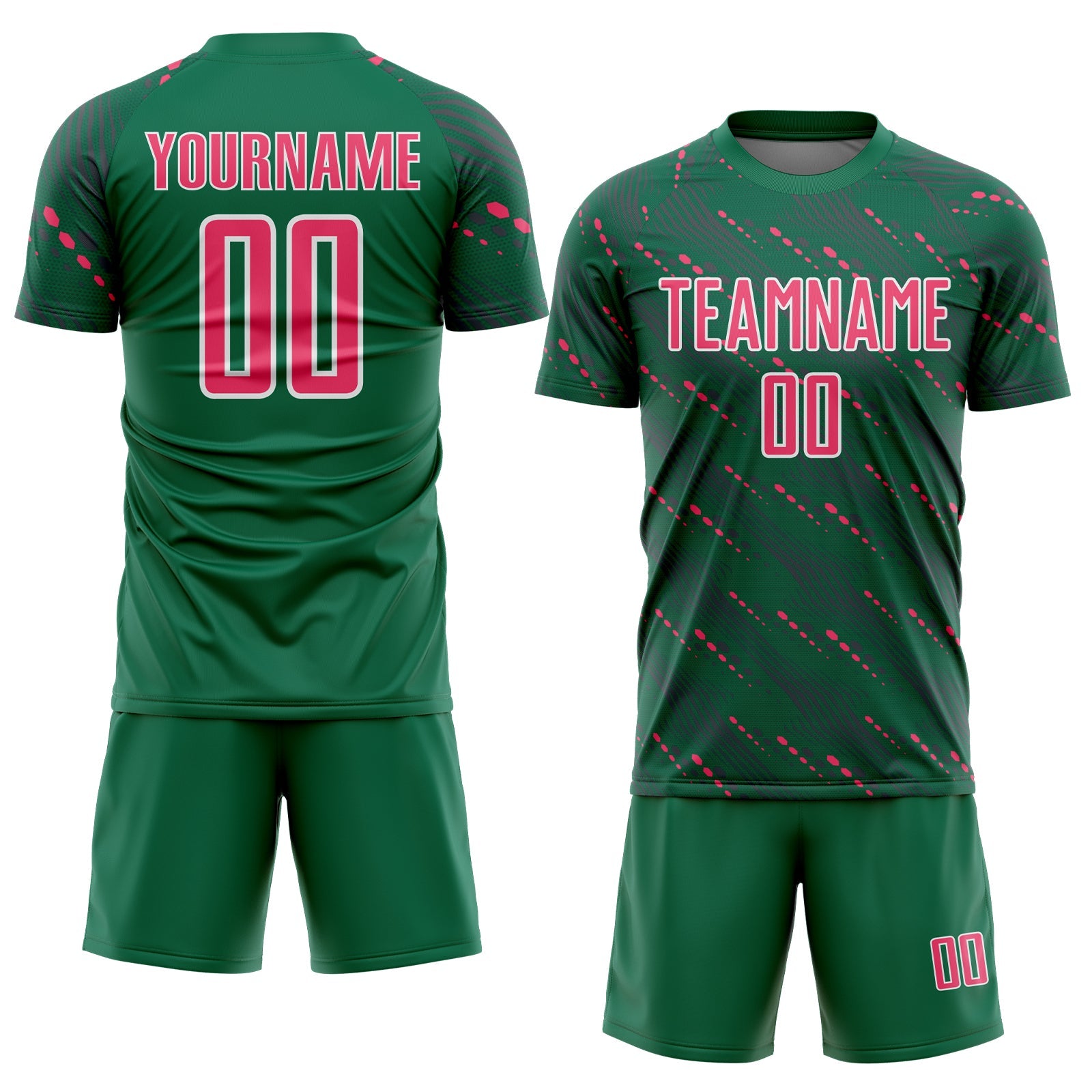 Custom Kelly Green Neon Pink-White Slant Lines Sports Sublimation Soccer Uniform Jersey view 2