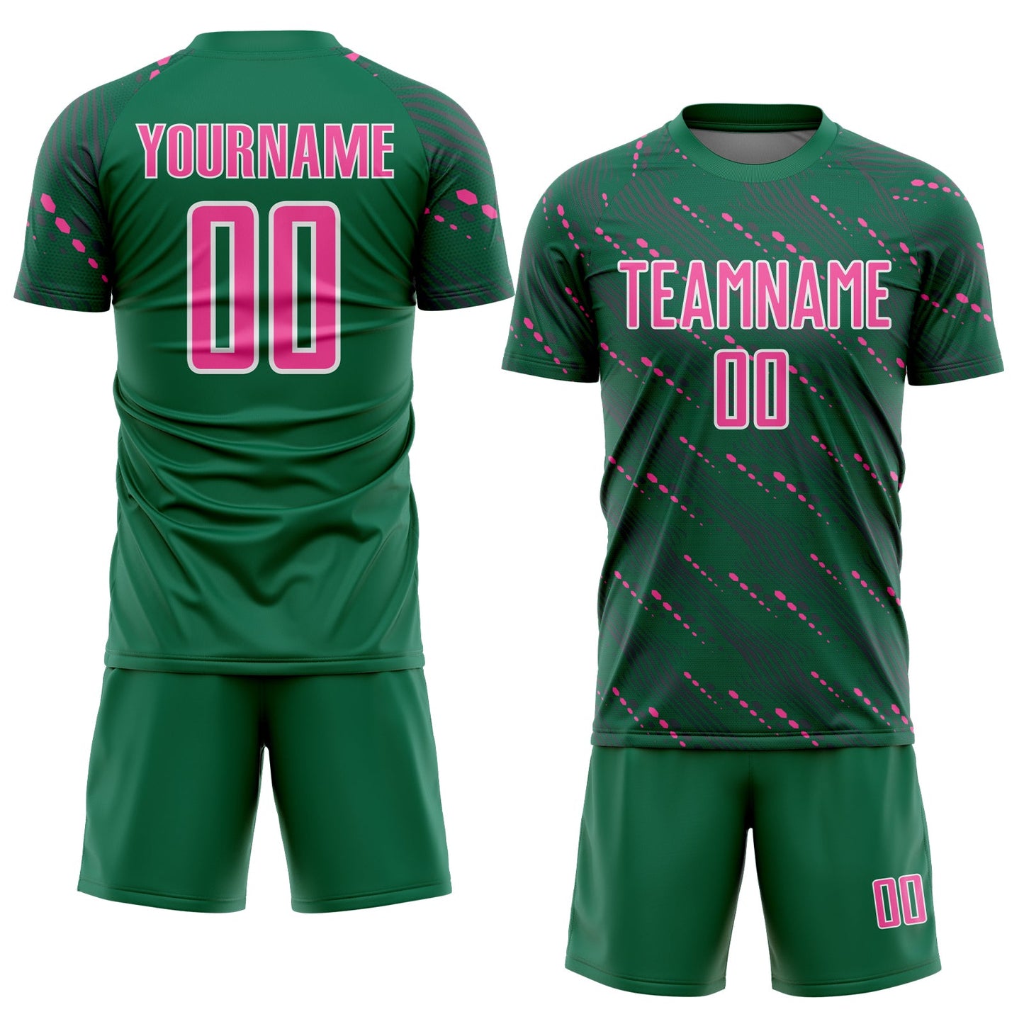 Custom Kelly Green Pink-White Slant Lines Sports Sublimation Soccer Uniform Jersey view 2