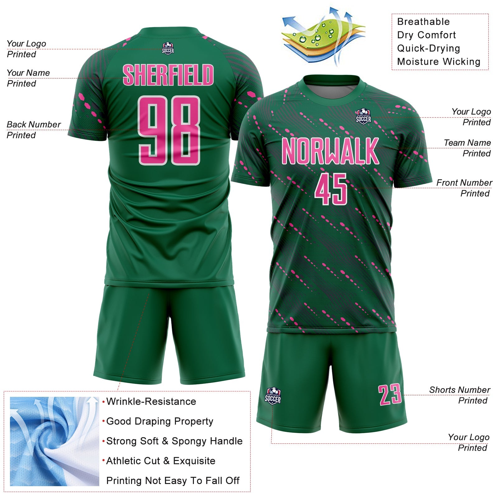 Custom Kelly Green Pink-White Slant Lines Sports Sublimation Soccer Uniform Jersey view 4