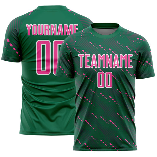 Custom Kelly Green Pink-White Slant Lines Sports Sublimation Soccer Uniform Jersey - Main View