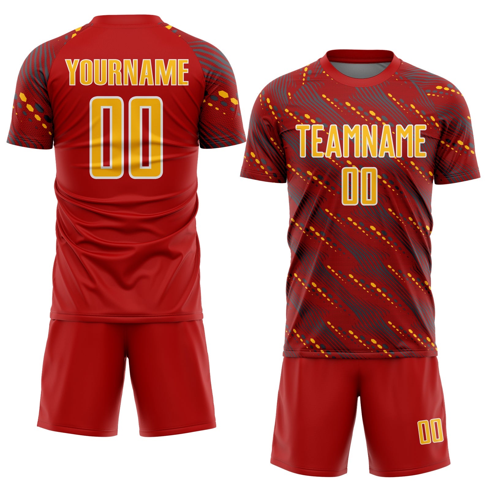 Custom Red Gold-White Slant Lines Sports Sublimation Soccer Uniform Jersey view 2