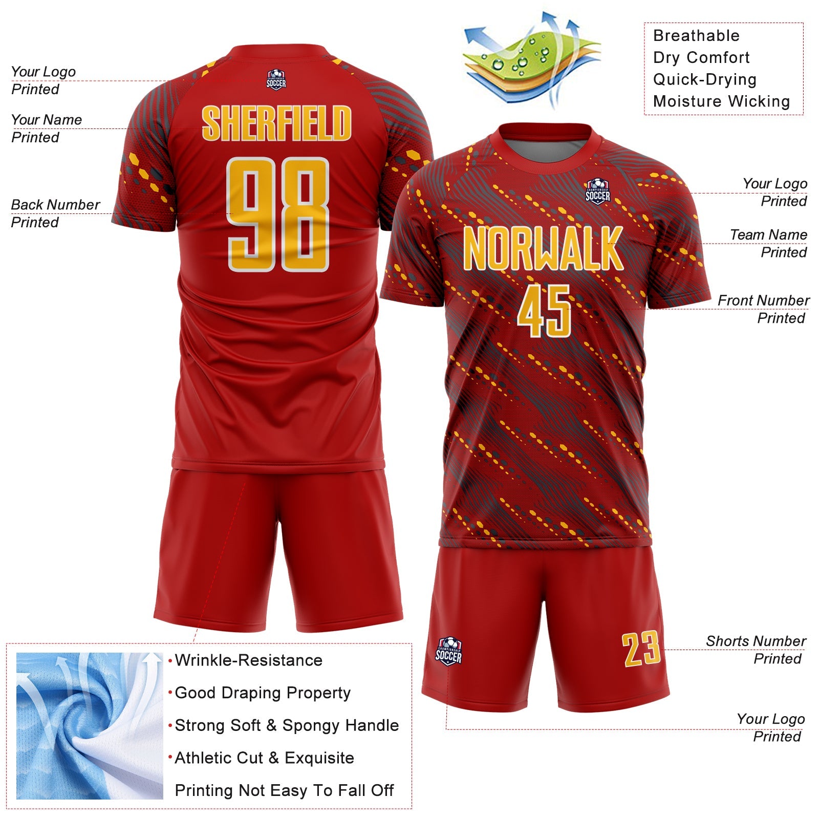 Custom Red Gold-White Slant Lines Sports Sublimation Soccer Uniform Jersey view 4