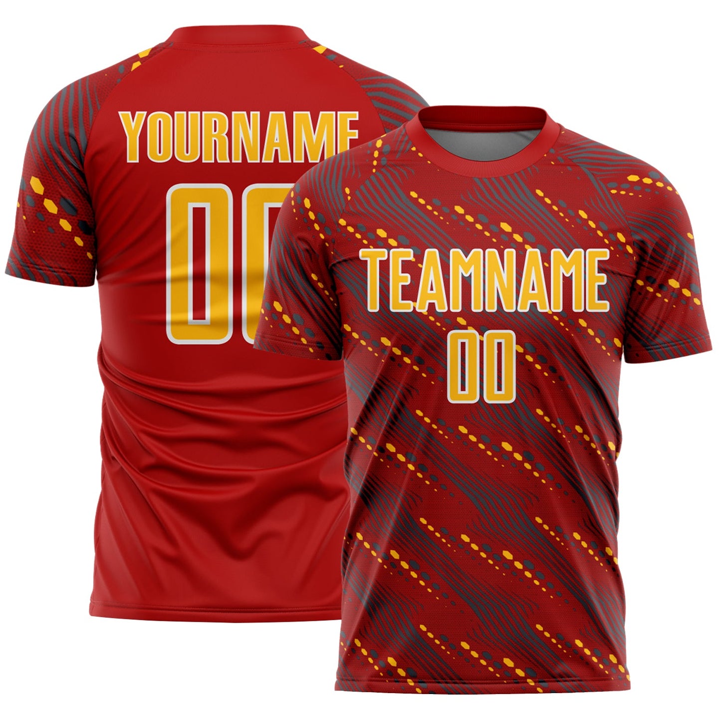 Custom Red Gold-White Slant Lines Sports Sublimation Soccer Uniform Jersey - Main View