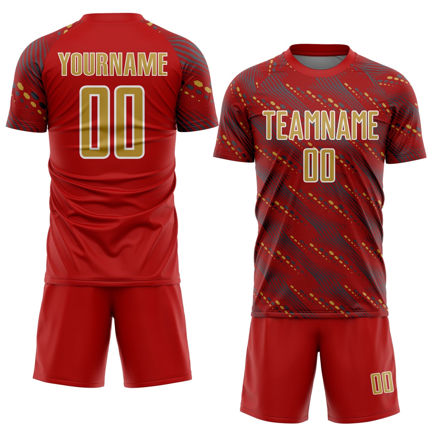 Custom Red Old Gold-White Slant Lines Sports Sublimation Soccer Uniform Jersey view 2