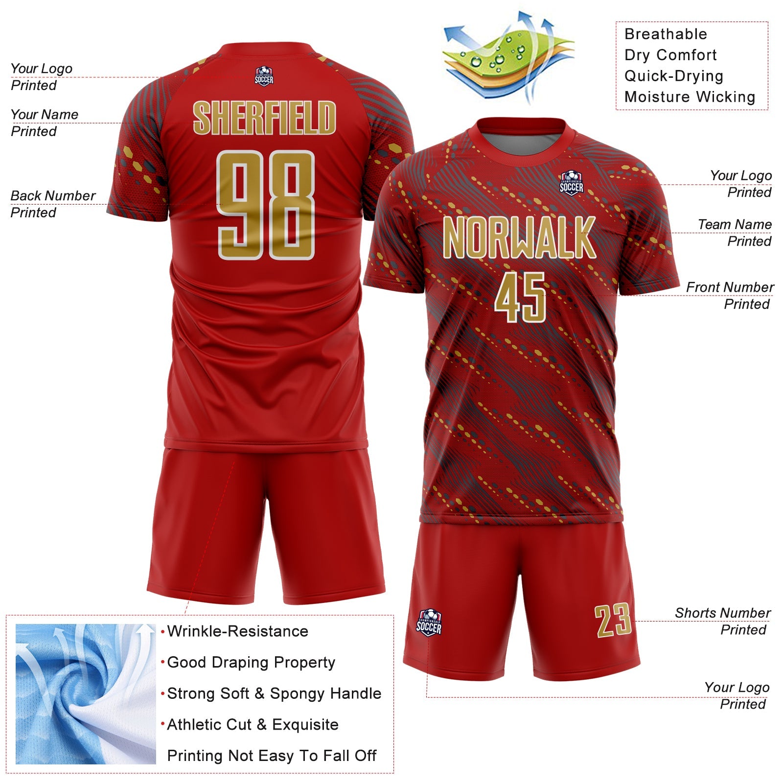Custom Red Old Gold-White Slant Lines Sports Sublimation Soccer Uniform Jersey view 4