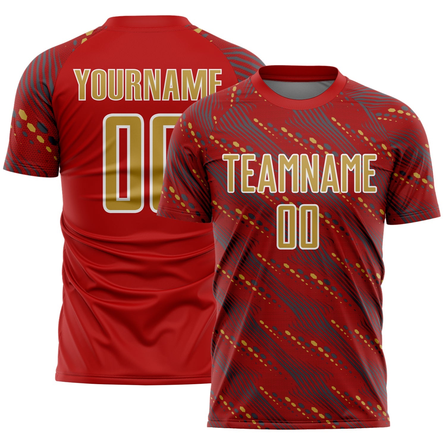 Custom Red Old Gold-White Slant Lines Sports Sublimation Soccer Uniform Jersey - Main View