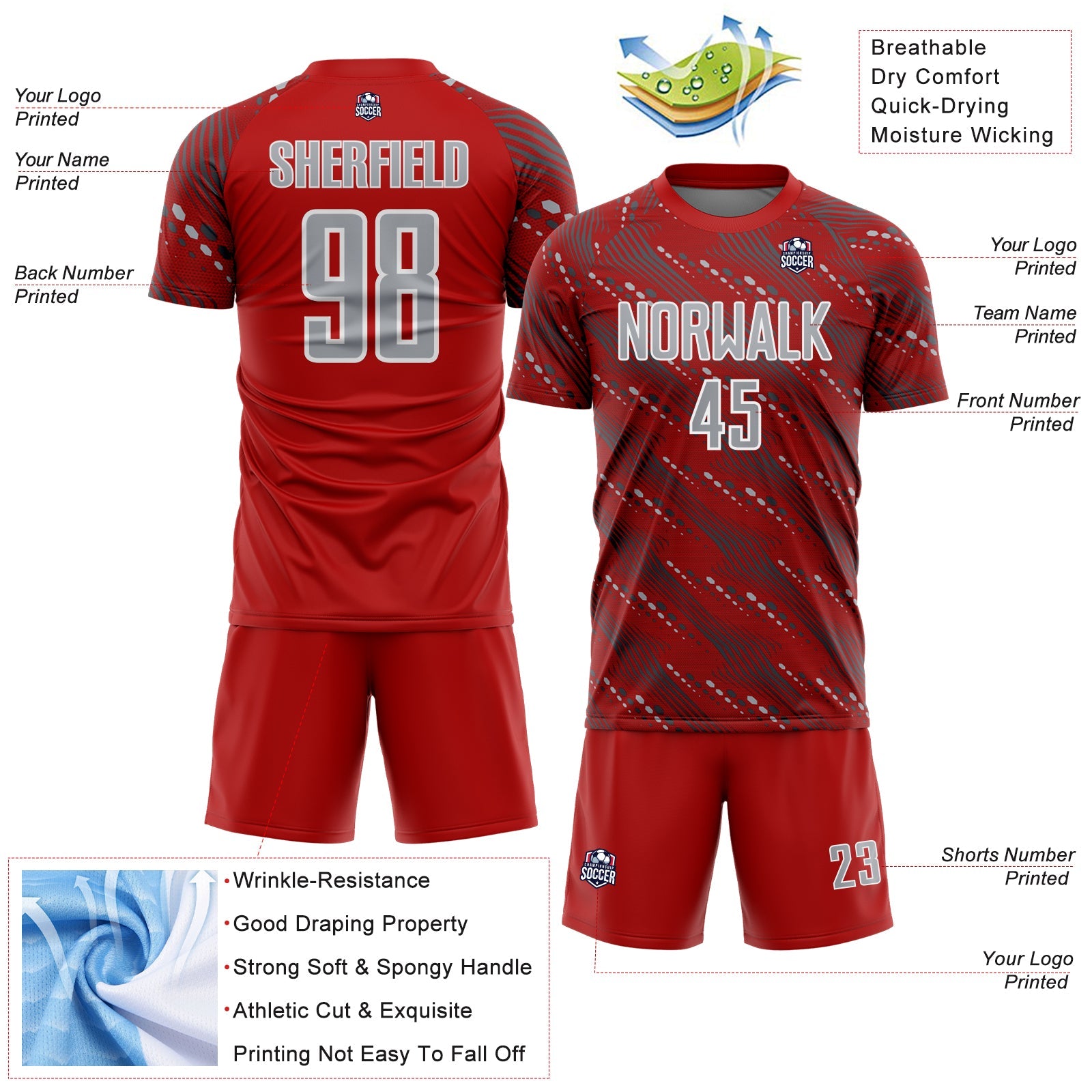 Custom Red Gray-White Slant Lines Sports Sublimation Soccer Uniform Jersey view 4