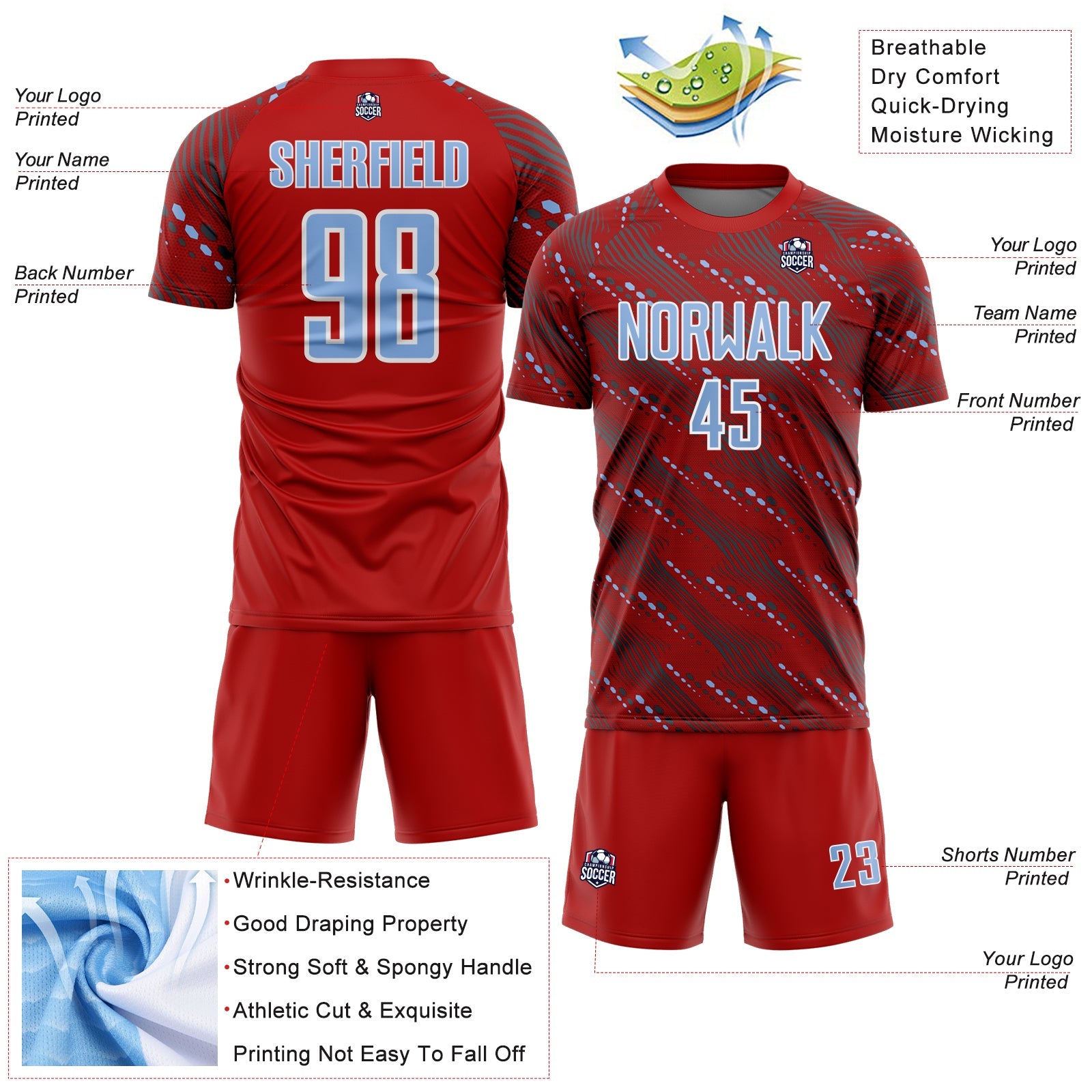 Custom Red Light Blue-White Slant Lines Sports Sublimation Soccer Uniform Jersey view 4