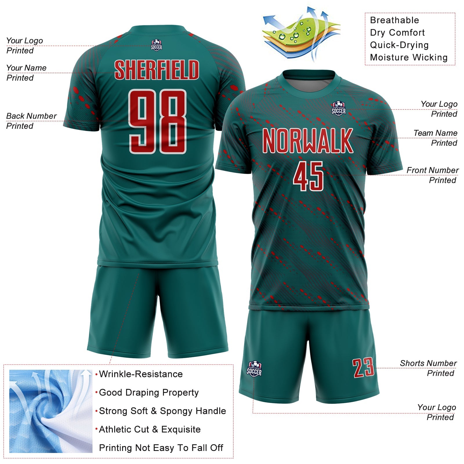 Custom Teal Red-White Slant Lines Sports Sublimation Soccer Uniform Jersey view 4