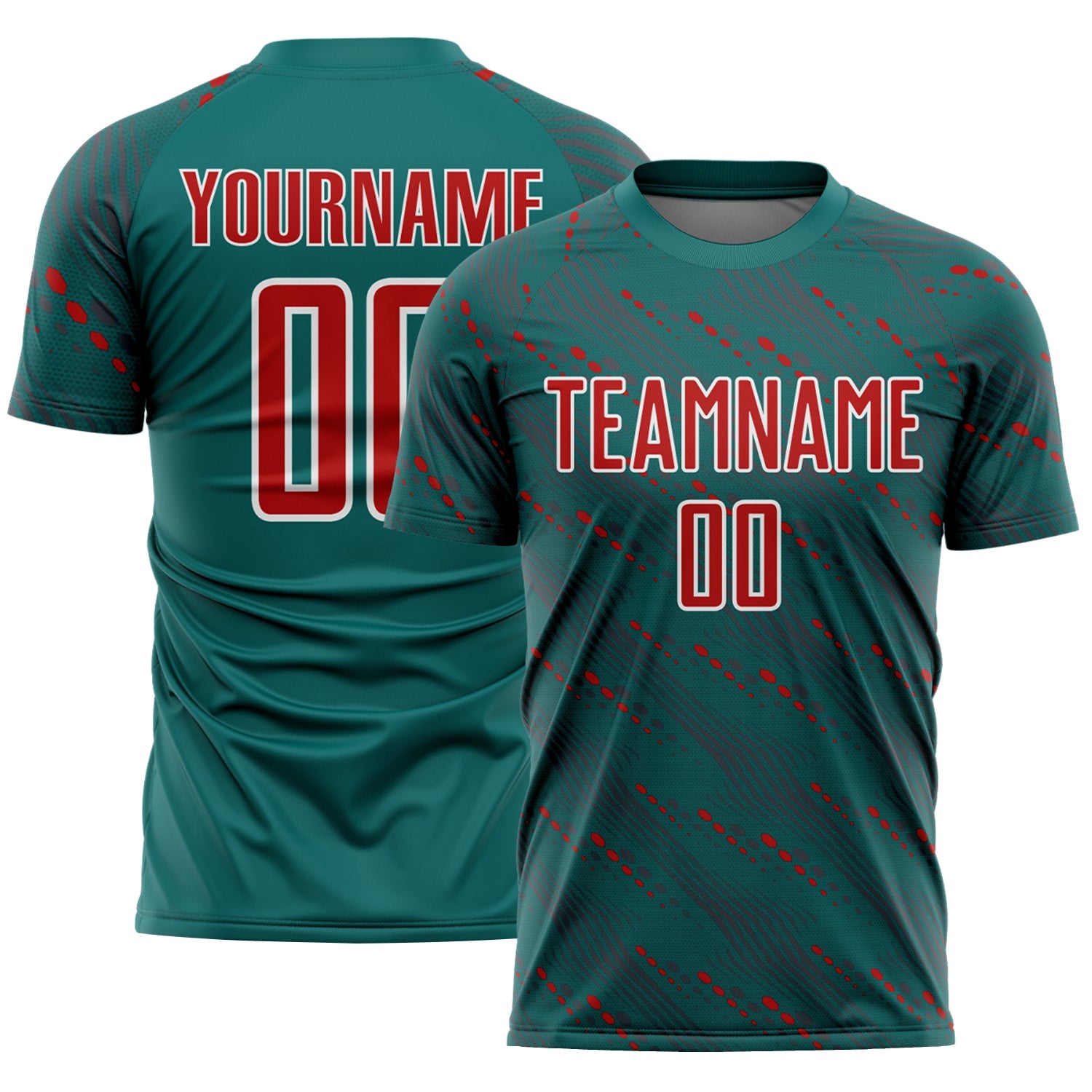 Custom Teal Red-White Slant Lines Sports Sublimation Soccer Uniform Jersey - Main View