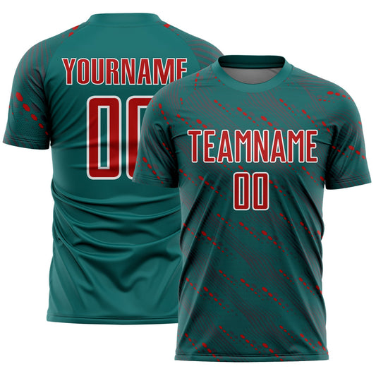 Custom Teal Red-White Slant Lines Sports Sublimation Soccer Uniform Jersey - Main View