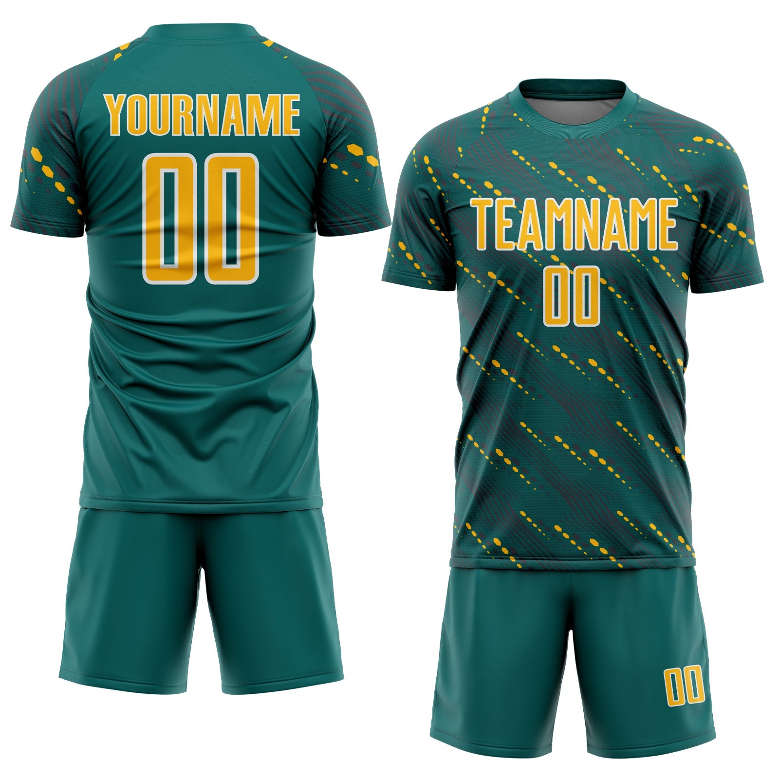 Custom Teal Gold-White Slant Lines Sports Sublimation Soccer Uniform Jersey view 2