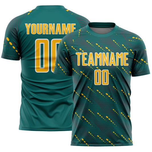 Custom Teal Gold-White Slant Lines Sports Sublimation Soccer Uniform Jersey - Main View