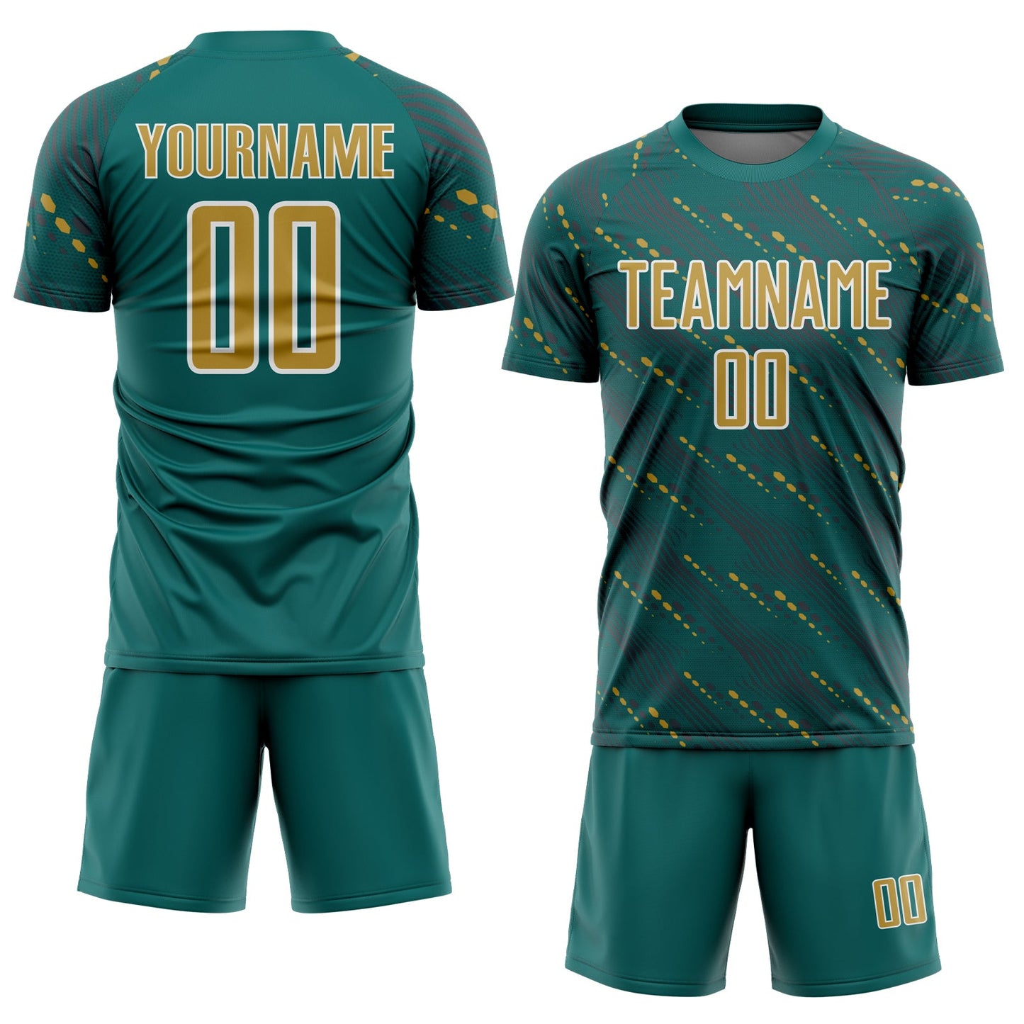 Custom Teal Old Gold-White Slant Lines Sports Sublimation Soccer Uniform Jersey view 2