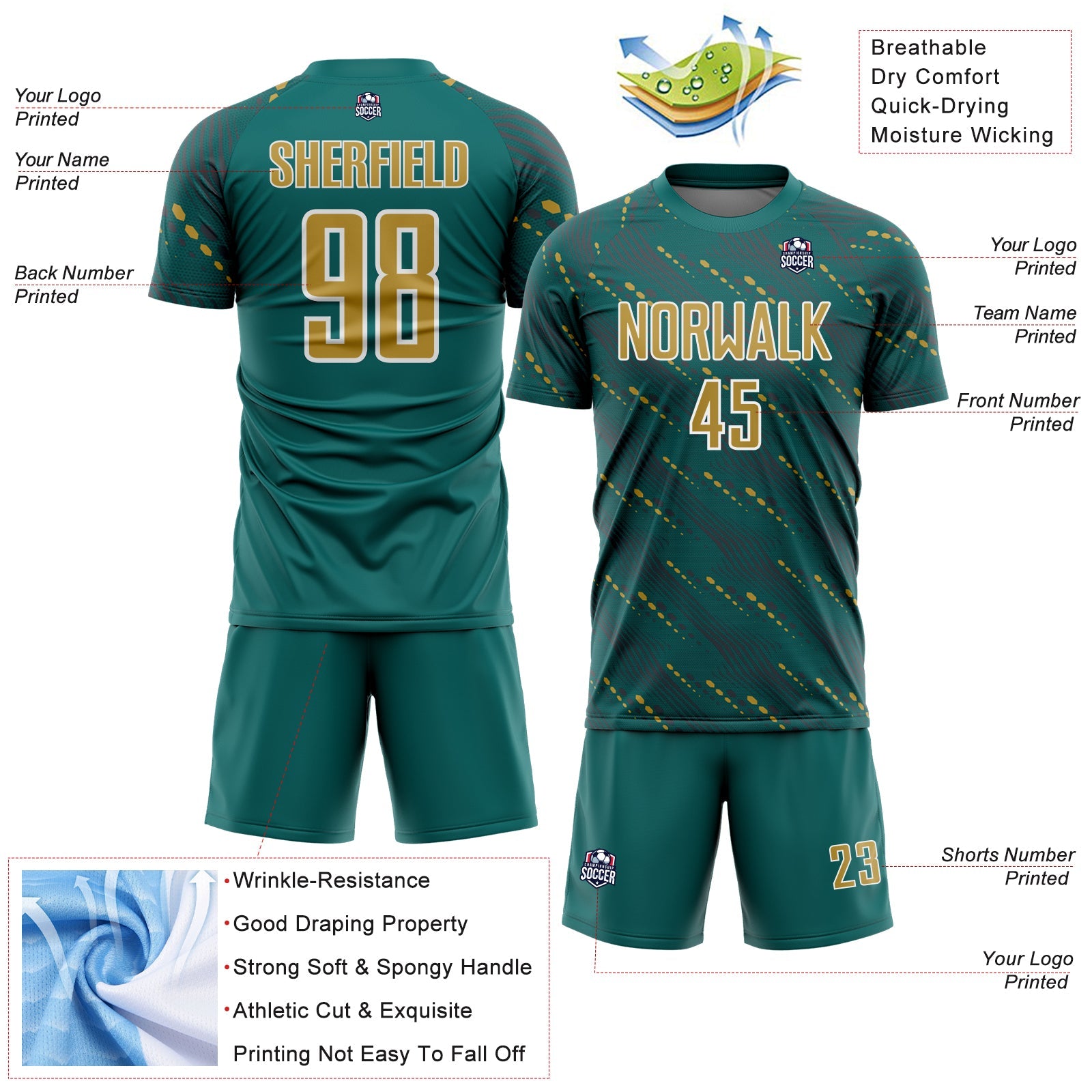 Custom Teal Old Gold-White Slant Lines Sports Sublimation Soccer Uniform Jersey view 4