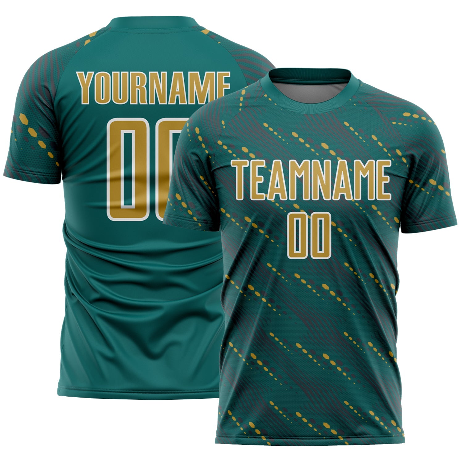 Custom Teal Old Gold-White Slant Lines Sports Sublimation Soccer Uniform Jersey - Main View