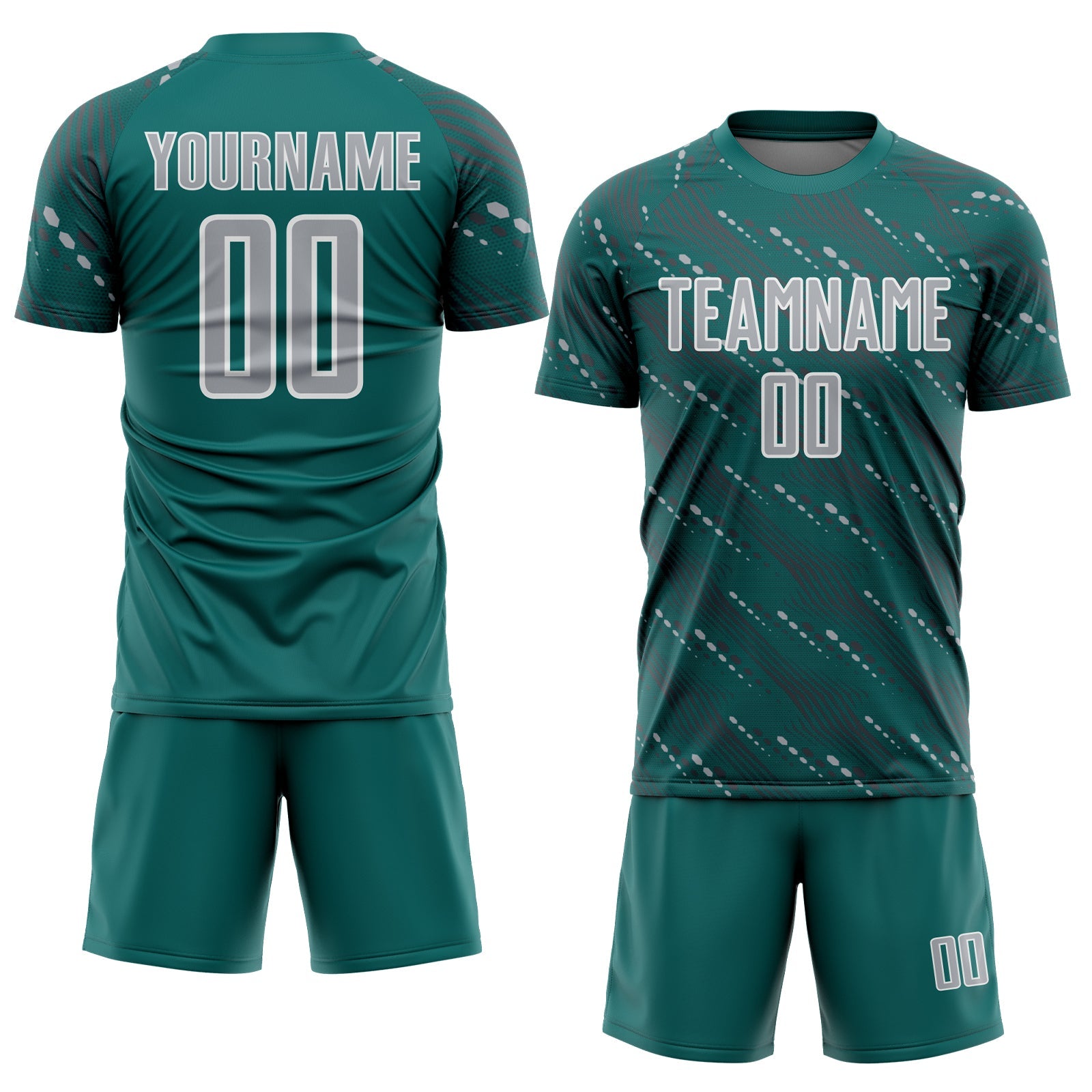 Custom Teal Gray-White Slant Lines Sports Sublimation Soccer Uniform Jersey view 2