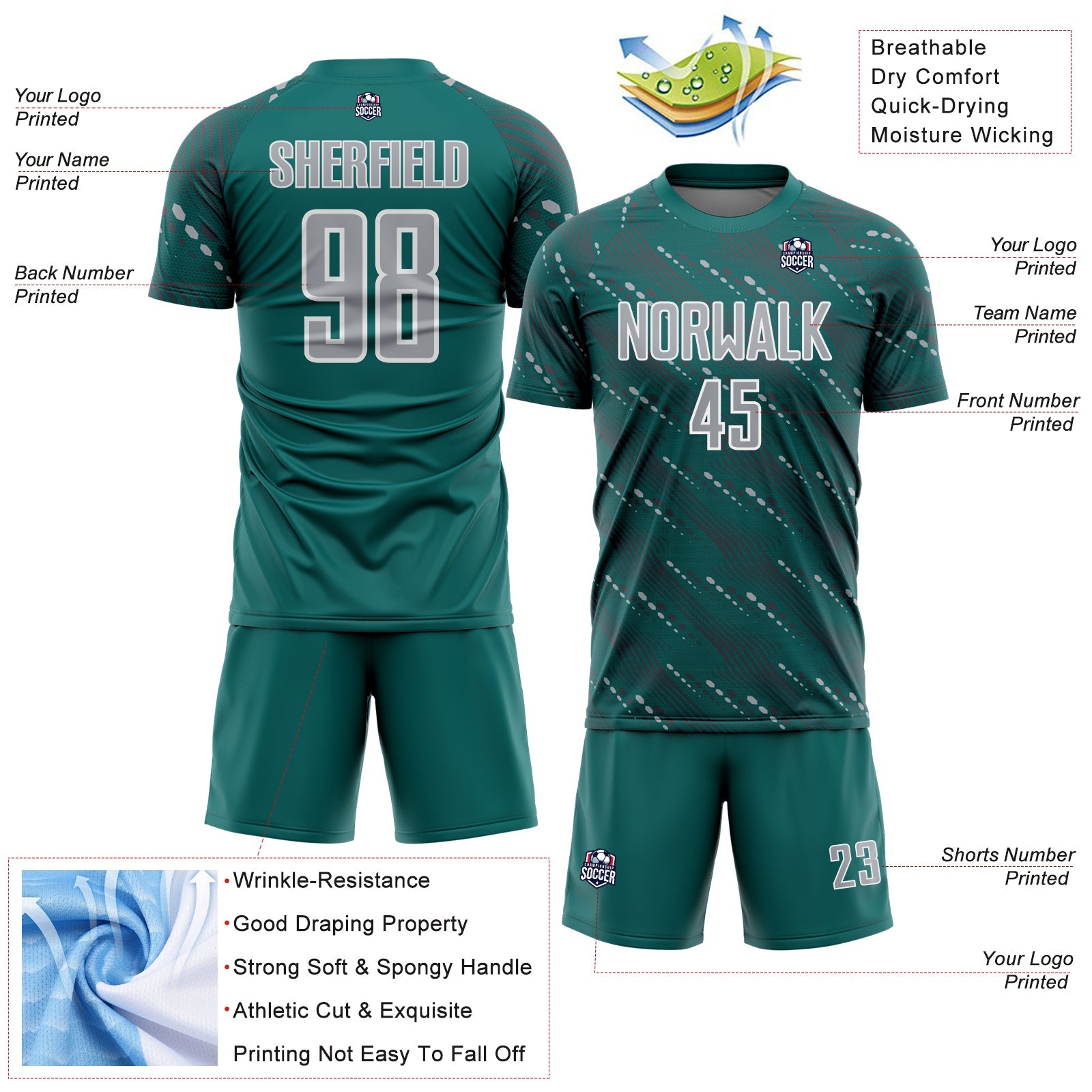 Custom Teal Gray-White Slant Lines Sports Sublimation Soccer Uniform Jersey view 4